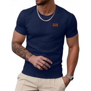 imageUOUA Mens Crewneck Sweatshirts Soild Color Geometric Texture T Shirts Short Sleeve Casual Pullover ShirtNavyblue