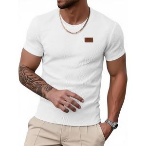 imageUOUA Mens Crewneck Sweatshirts Soild Color Geometric Texture T Shirts Short Sleeve Casual Pullover ShirtWhite