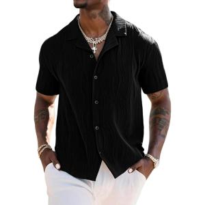 imageUOUA Mens Summer Button Down Shirts Short Sleeve Textured Beach Shirt Casual Hawaiian Vacation TopsBlack