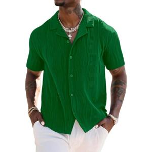 imageUOUA Mens Summer Button Down Shirts Short Sleeve Textured Beach Shirt Casual Hawaiian Vacation TopsEmerald