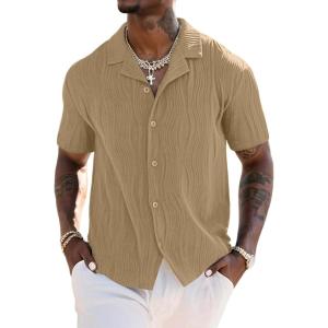 imageUOUA Mens Summer Button Down Shirts Short Sleeve Textured Beach Shirt Casual Hawaiian Vacation TopsKhaki