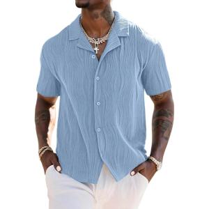 imageUOUA Mens Summer Button Down Shirts Short Sleeve Textured Beach Shirt Casual Hawaiian Vacation TopsLight Blue