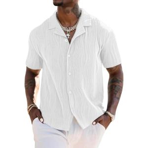 imageUOUA Mens Summer Button Down Shirts Short Sleeve Textured Beach Shirt Casual Hawaiian Vacation TopsWhite
