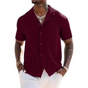 imageUOUA Mens Summer Button Down Shirts Short Sleeve Textured Beach Shirt Casual Hawaiian Vacation TopsWine Red