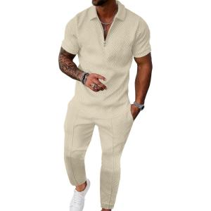 imageUOUA Mens Sweat Suits Set Tracksuit 2 Piece Outfits Short Sleeve Casual Sweatshirt ampamp Loose Jogging PantsBeige