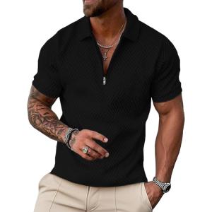 imageUOUA Mens Zipper Polo Shirts Short Sleeve Sweatshirts Soild Color Tops Striped Texture Casual Golf TBlack
