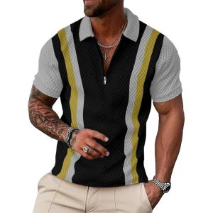imageUOUA Mens Zipper Polo Shirts Short Sleeve Sweatshirts Soild Color Tops Striped Texture Casual Golf TBlackstripegrey