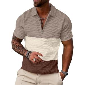 imageUOUA Mens Zipper Polo Shirts Short Sleeve Sweatshirts Soild Color Tops Striped Texture Casual Golf TBlock Khaki