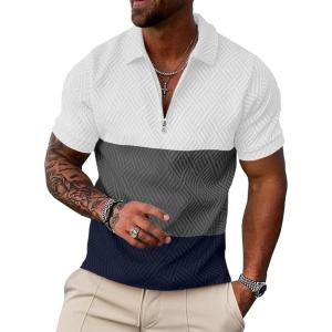 imageUOUA Mens Zipper Polo Shirts Short Sleeve Sweatshirts Soild Color Tops Striped Texture Casual Golf TBlock White