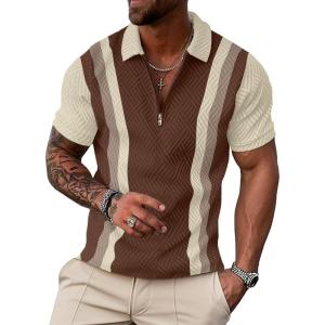 imageUOUA Mens Zipper Polo Shirts Short Sleeve Sweatshirts Soild Color Tops Striped Texture Casual Golf TBrownstripebeige