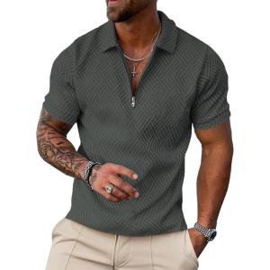 imageUOUA Mens Zipper Polo Shirts Short Sleeve Sweatshirts Soild Color Tops Striped Texture Casual Golf TDark Grey