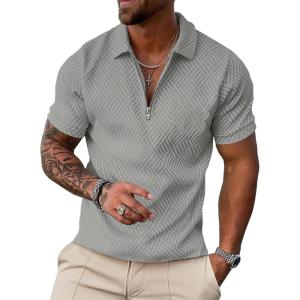 imageUOUA Mens Zipper Polo Shirts Short Sleeve Sweatshirts Soild Color Tops Striped Texture Casual Golf TGrey