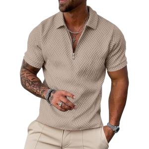 imageUOUA Mens Zipper Polo Shirts Short Sleeve Sweatshirts Soild Color Tops Striped Texture Casual Golf TKhaki