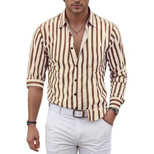 imageVATPAVE Mens Casual Stylish Striped Shirt Long Sleeve Button Down Shirt Regular Fit Dress Shirt with PocketBrown