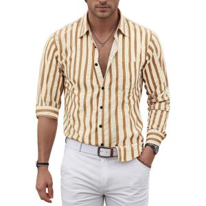 imageVATPAVE Mens Casual Stylish Striped Shirt Long Sleeve Button Down Shirt Regular Fit Dress Shirt with PocketKhaki