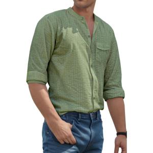 imageVATPAVE Mens Cotton Banded Collar Shirt Casual Button Down Long Sleeve Dress Shirts with PocketArmy Green