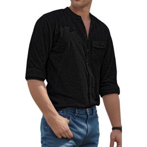 imageVATPAVE Mens Cotton Banded Collar Shirt Casual Button Down Long Sleeve Dress Shirts with PocketBlack