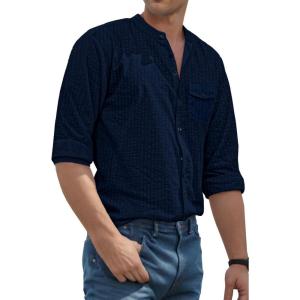 imageVATPAVE Mens Cotton Banded Collar Shirt Casual Button Down Long Sleeve Dress Shirts with PocketNavy
