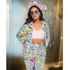 imageUOUA Womens Color Block 2 Piece 80s 90s Outfits Long Sleeve Windbreaker Jacket Tracksuit SetWhite Graphic