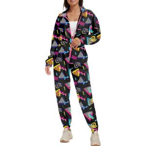 imageUOUA 80s Outfit for Women 90s Costume Jumpsuits Long Sleeves Windbreaker One Piece Party TracksuitBlack Print
