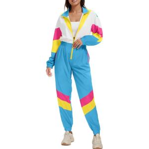 imageUOUA 80s Outfit for Women 90s Costume Jumpsuits Long Sleeves Windbreaker One Piece Party TracksuitBlue White