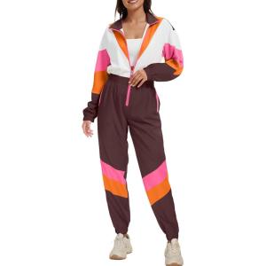 imageUOUA 80s Outfit for Women 90s Costume Jumpsuits Long Sleeves Windbreaker One Piece Party TracksuitBrown White