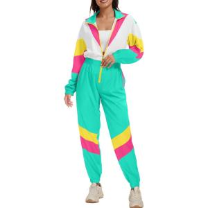imageUOUA 80s Outfit for Women 90s Costume Jumpsuits Long Sleeves Windbreaker One Piece Party TracksuitMint White