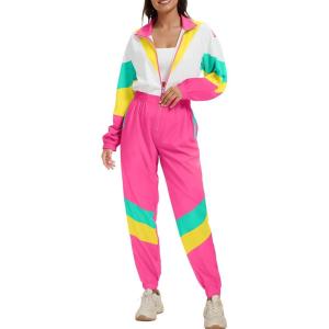 imageUOUA 80s Outfit for Women 90s Costume Jumpsuits Long Sleeves Windbreaker One Piece Party TracksuitPink White