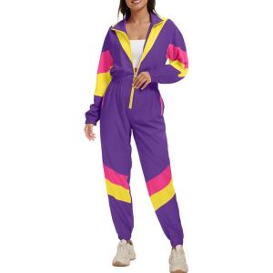 imageUOUA 80s Outfit for Women 90s Costume Jumpsuits Long Sleeves Windbreaker One Piece Party TracksuitPurple