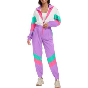 imageUOUA 80s Outfit for Women 90s Costume Jumpsuits Long Sleeves Windbreaker One Piece Party TracksuitPurple White