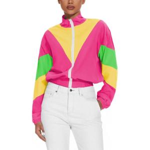 imageUOUA 80s Windbreaker Jacket for Women Retro Color Block Wind Breaker Long Sleeve Reversible Casual CoatPink