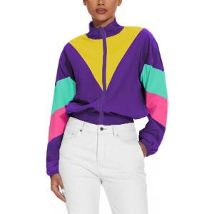imageUOUA 80s Windbreaker Jacket for Women Retro Color Block Wind Breaker Long Sleeve Reversible Casual CoatPurple