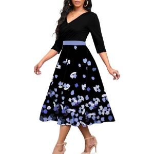imageUOUA Women Wrap Midi Dress Casual Floral ALine Dresses 34 Sleeves VNeck Cocktail Party DressBlack