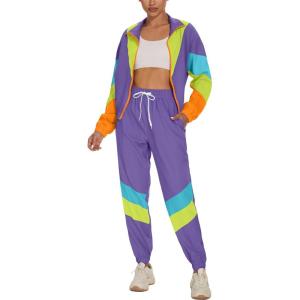 imageUOUA Womens Color Block 2 Piece 80s 90s Outfits Long Sleeve Windbreaker Jacket Tracksuit SetBlue Purple