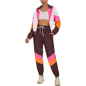 imageUOUA Womens Color Block 2 Piece 80s 90s Outfits Long Sleeve Windbreaker Jacket Tracksuit SetBrown White