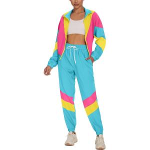 imageUOUA Womens Color Block 2 Piece 80s 90s Outfits Long Sleeve Windbreaker Jacket Tracksuit SetLight Blue