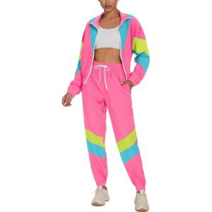 imageUOUA Womens Color Block 2 Piece 80s 90s Outfits Long Sleeve Windbreaker Jacket Tracksuit SetLight Pink