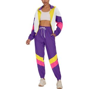 imageUOUA Womens Color Block 2 Piece 80s 90s Outfits Long Sleeve Windbreaker Jacket Tracksuit SetPurple White