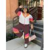 imageUOUA Plus Size 80s Outfit for Women 90s Costume Long Sleeves Windbreaker 2 Piece Party TracksuitBrown White