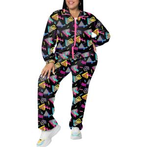 imageUOUA Plus Size 80s Outfit for Women 90s Costume Long Sleeves Windbreaker 2 Piece Party TracksuitBlack Print