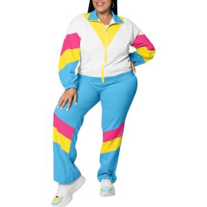 imageUOUA Plus Size 80s Outfit for Women 90s Costume Long Sleeves Windbreaker 2 Piece Party TracksuitBlue White