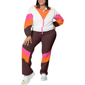 imageUOUA Plus Size 80s Outfit for Women 90s Costume Long Sleeves Windbreaker 2 Piece Party TracksuitBrown White