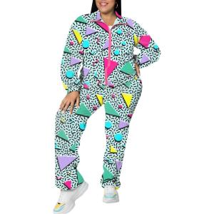 imageUOUA Plus Size 80s Outfit for Women 90s Costume Long Sleeves Windbreaker 2 Piece Party TracksuitGreenish Print
