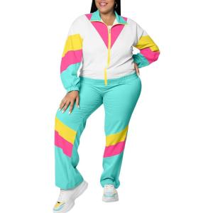 imageUOUA Plus Size 80s Outfit for Women 90s Costume Long Sleeves Windbreaker 2 Piece Party TracksuitMint White