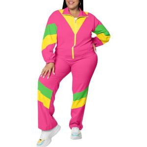 imageUOUA Plus Size 80s Outfit for Women 90s Costume Long Sleeves Windbreaker 2 Piece Party TracksuitPink