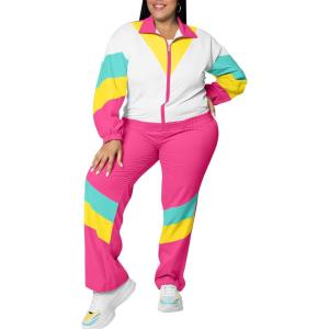 imageUOUA Plus Size 80s Outfit for Women 90s Costume Long Sleeves Windbreaker 2 Piece Party TracksuitPink White