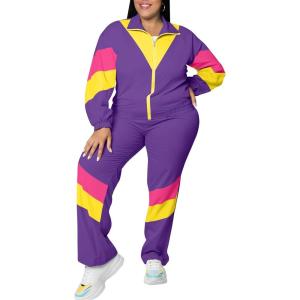 imageUOUA Plus Size 80s Outfit for Women 90s Costume Long Sleeves Windbreaker 2 Piece Party TracksuitPurple