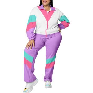 imageUOUA Plus Size 80s Outfit for Women 90s Costume Long Sleeves Windbreaker 2 Piece Party TracksuitPurple White
