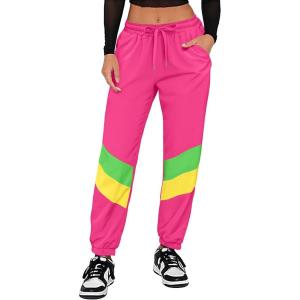 imageUOUA 80s Pants Women 90s Neon Workout Joggers Casual Reversible Sweatpants with PocketsPink
