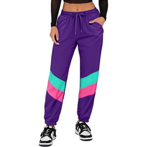 imageUOUA 80s Pants Women 90s Neon Workout Joggers Casual Reversible Sweatpants with PocketsPurple